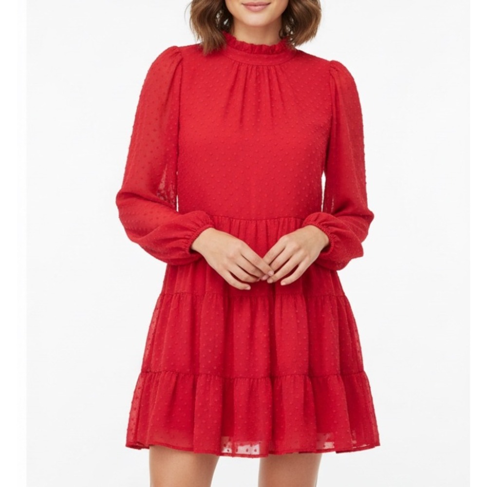 FRANCESCA'S Mi Ami RUBY RED Swiss Dot Chiffon SHEER BACK/SLEEVES Tiered Dress M